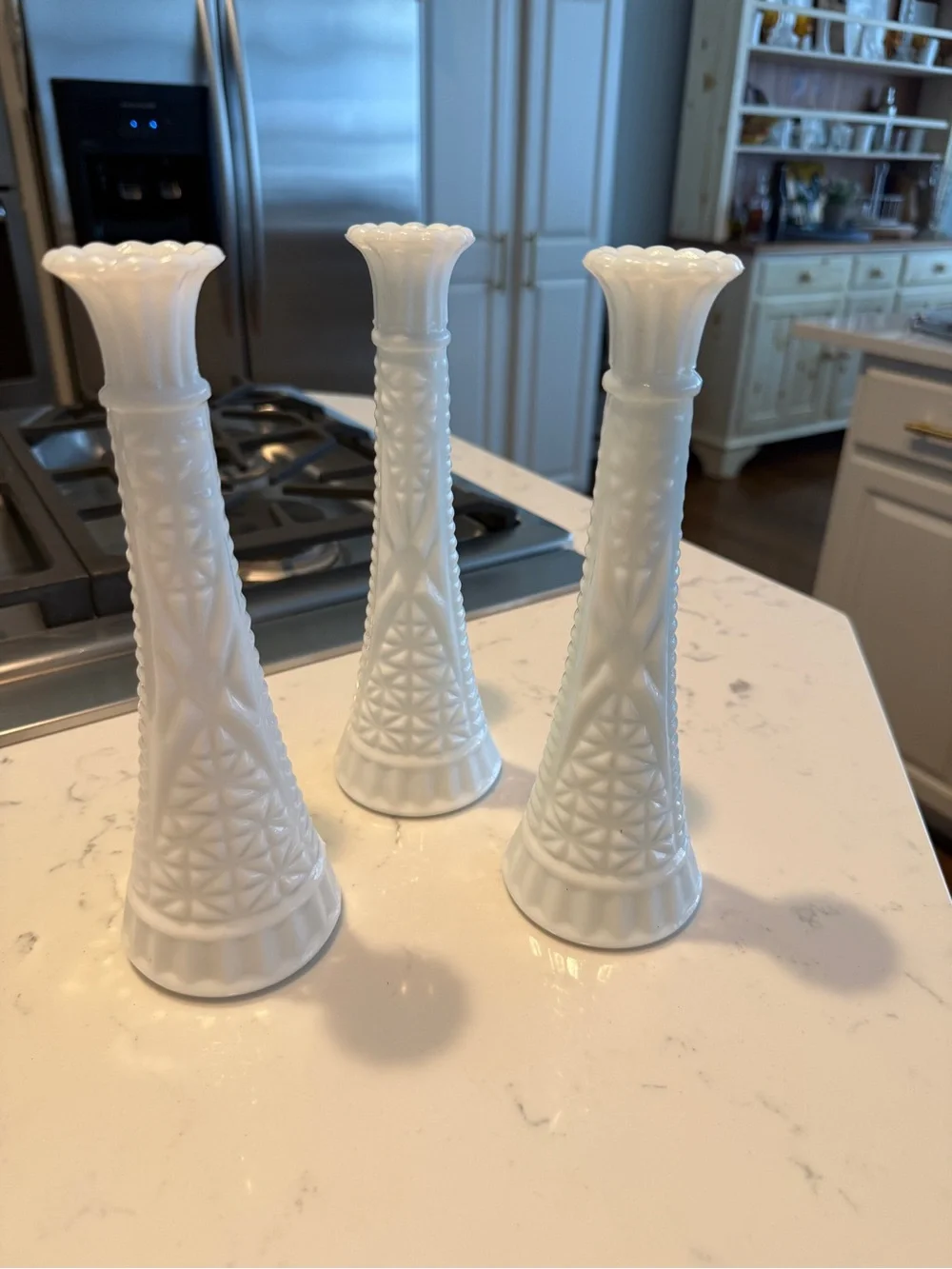 Vintage White Milk Glass Bud Vases Set of 3 Starburst Scalloped 9.5”